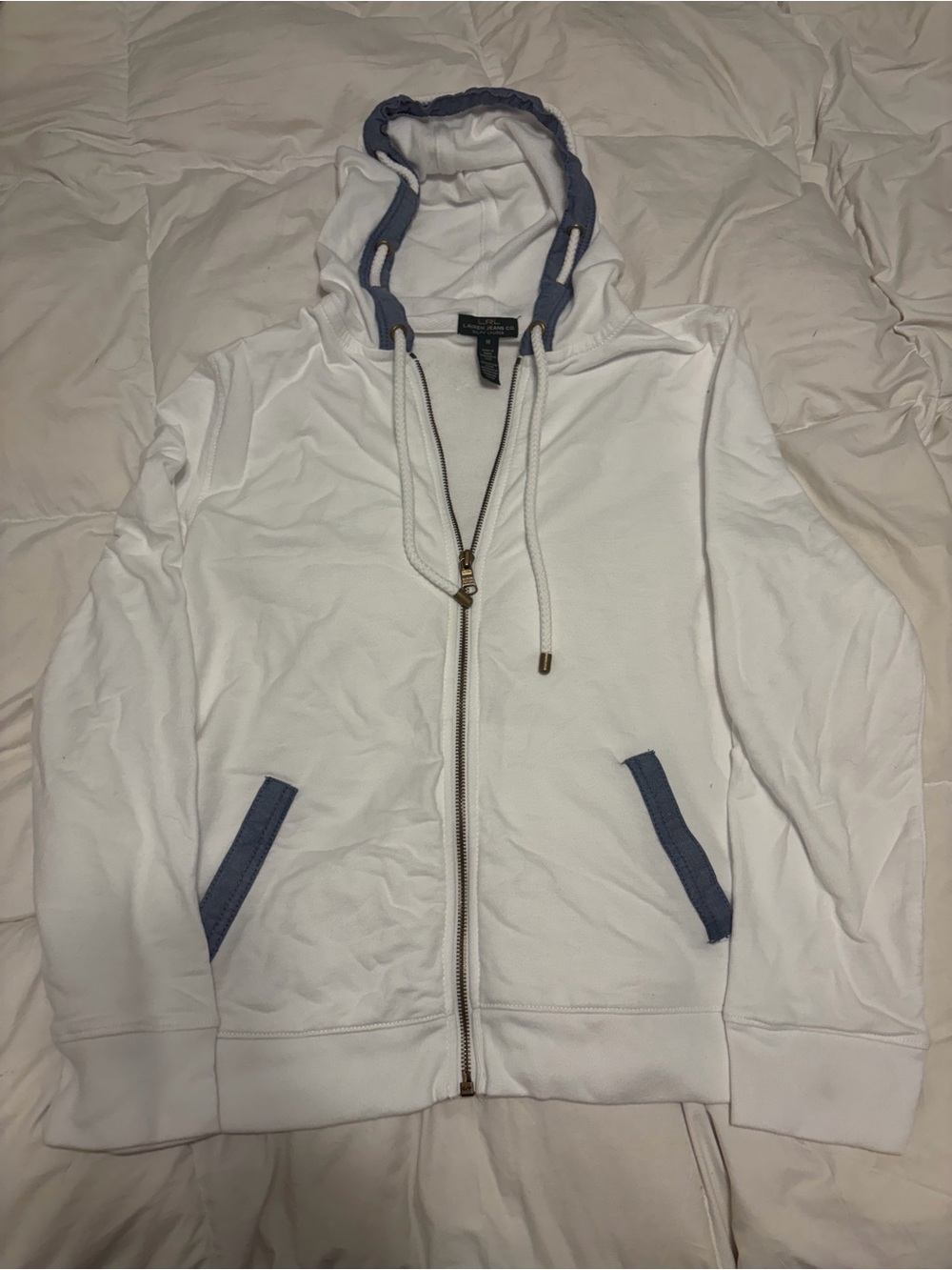 Ralph Lauren White Zip-Front Hoodie with Blue Trim